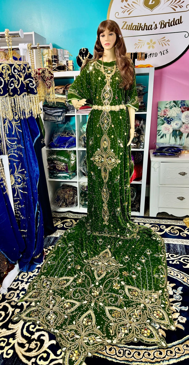 Asra Somali Bridal Dirac Set Velvet - Olive Green - Zulaikha’s Bridal
