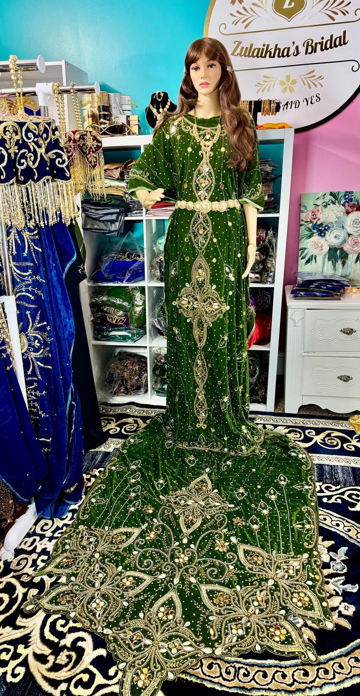 Asra Somali Bridal Dirac Set Velvet - Olive Green - Zulaikha’s Bridal