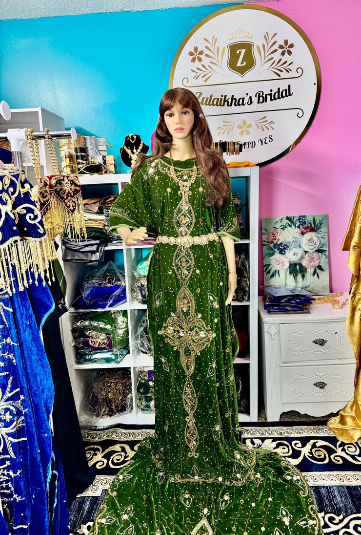 Asra Somali Bridal Dirac Set Velvet - Olive Green - Zulaikha’s Bridal