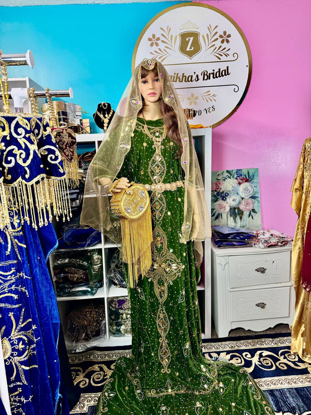 Asra Somali Bridal Dirac Set Velvet - Olive Green - Zulaikha’s Bridal