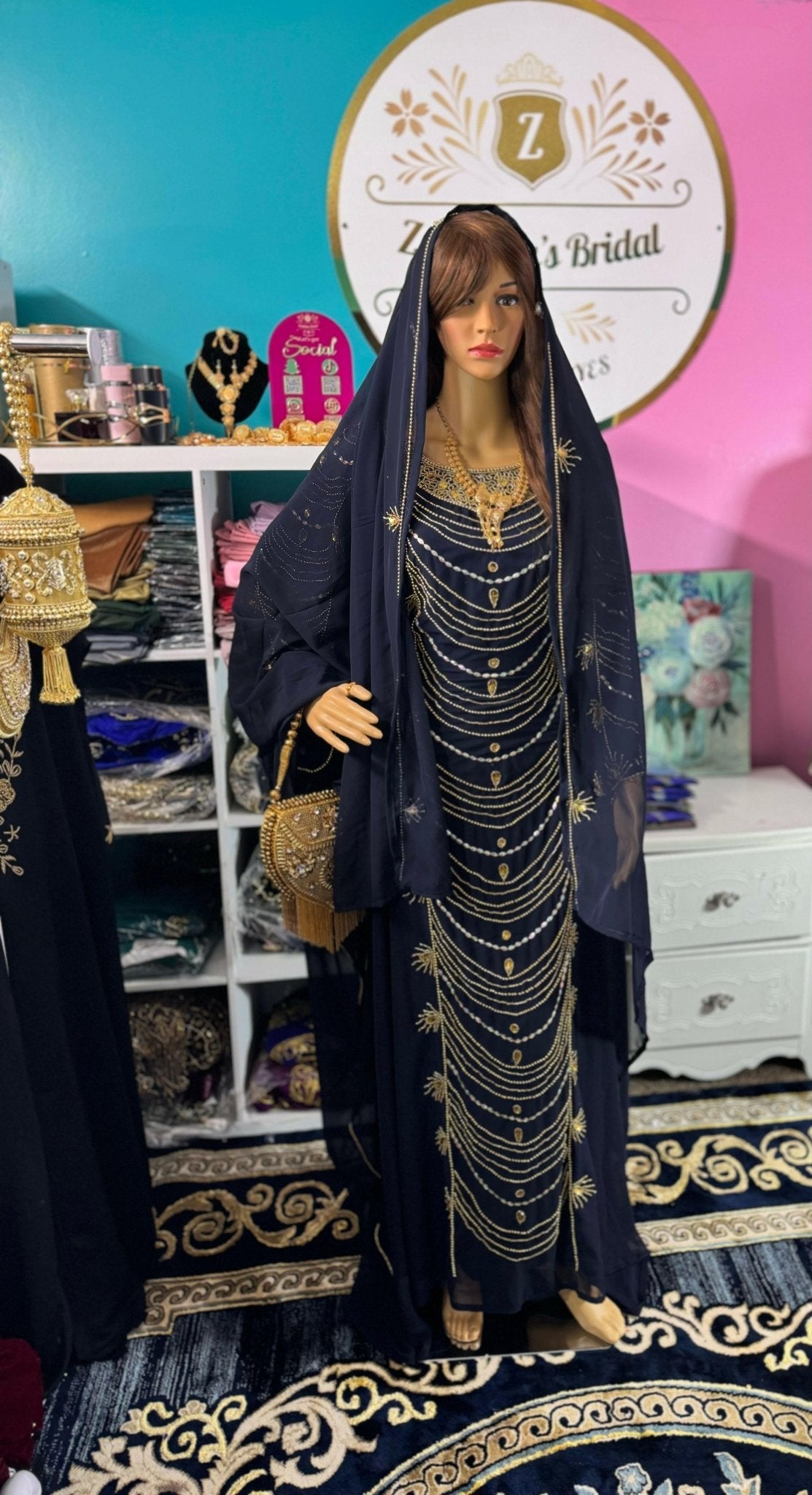 Dubai Moroccan Farasha Kaftan Long Maxi Dress - Navy - Zulaikha’s Bridal