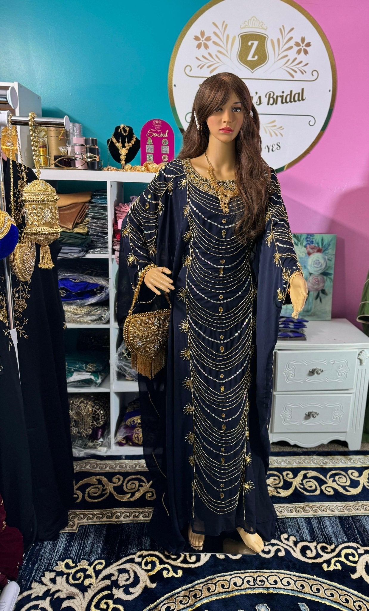 Dubai Moroccan Farasha Kaftan Long Maxi Dress - Navy - Zulaikha’s Bridal