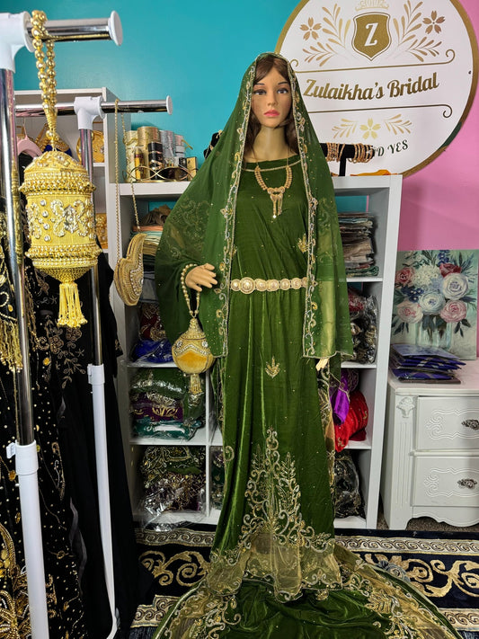 Hida Somali Bridal Dirac Set Velvet Olive Green - Zulaikha’s Bridal