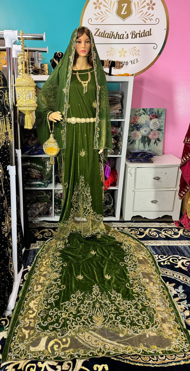 Hida Somali Bridal Dirac Set Velvet Olive Green - Zulaikha’s Bridal