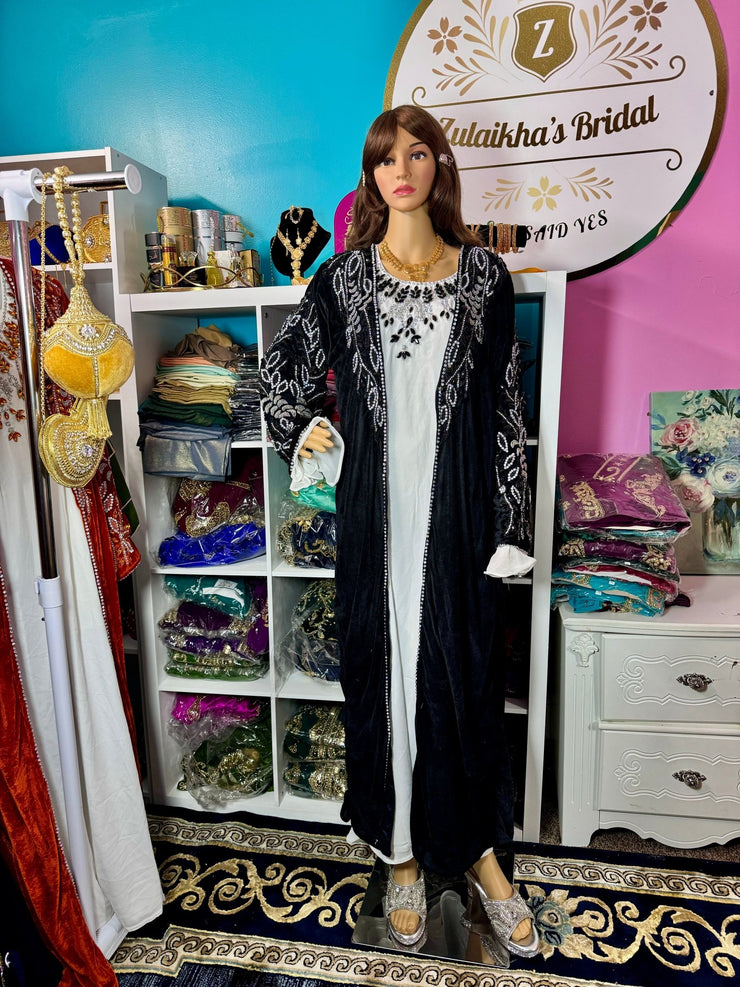Isra Luxury Crystal Velvet Abaya - Black Silver - Zulaikha’s Bridal