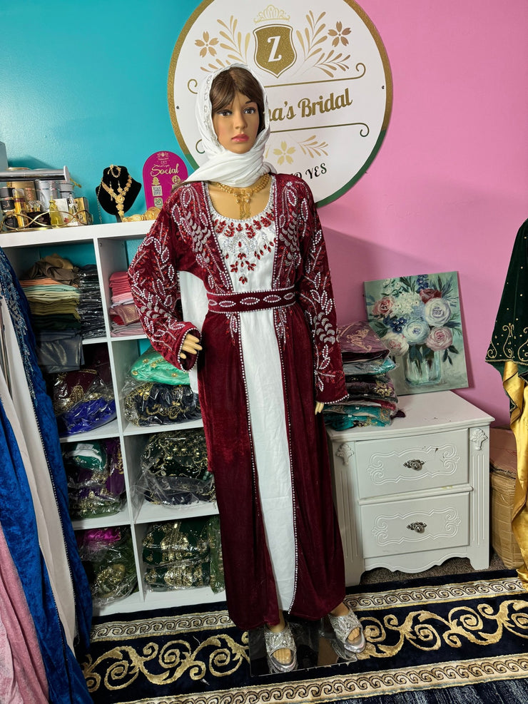Isra Luxury Crystal Velvet Abaya - Burgundy - Zulaikha’s Bridal