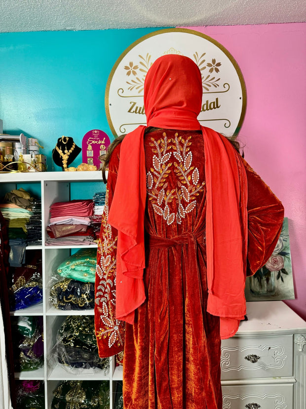 Isra Luxury Crystal Velvet Abaya - Burnt Orange - Zulaikha’s Bridal