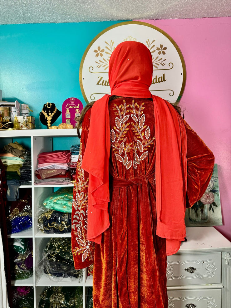 Isra Luxury Crystal Velvet Abaya - Burnt Orange - Zulaikha’s Bridal