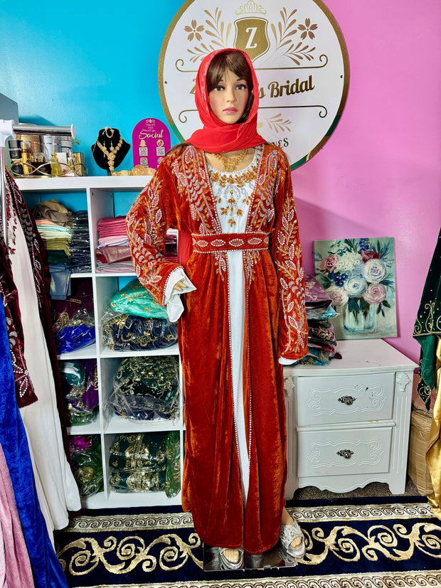 Isra Luxury Crystal Velvet Abaya - Burnt Orange - Zulaikha’s Bridal
