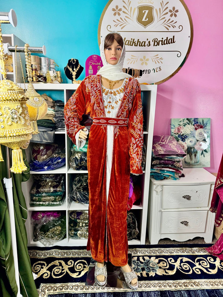 Isra Luxury Crystal Velvet Abaya - Burnt Orange - Zulaikha’s Bridal
