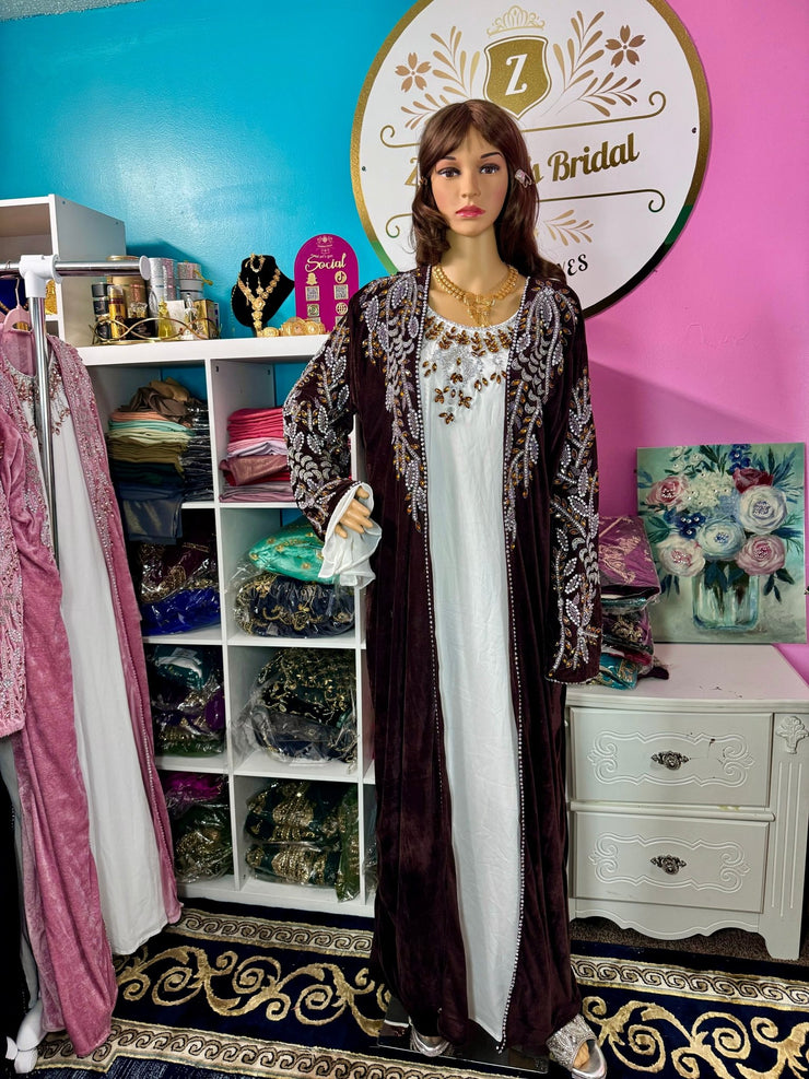 Isra Luxury Crystal Velvet Abaya - Chocolate Brown - Zulaikha’s Bridal