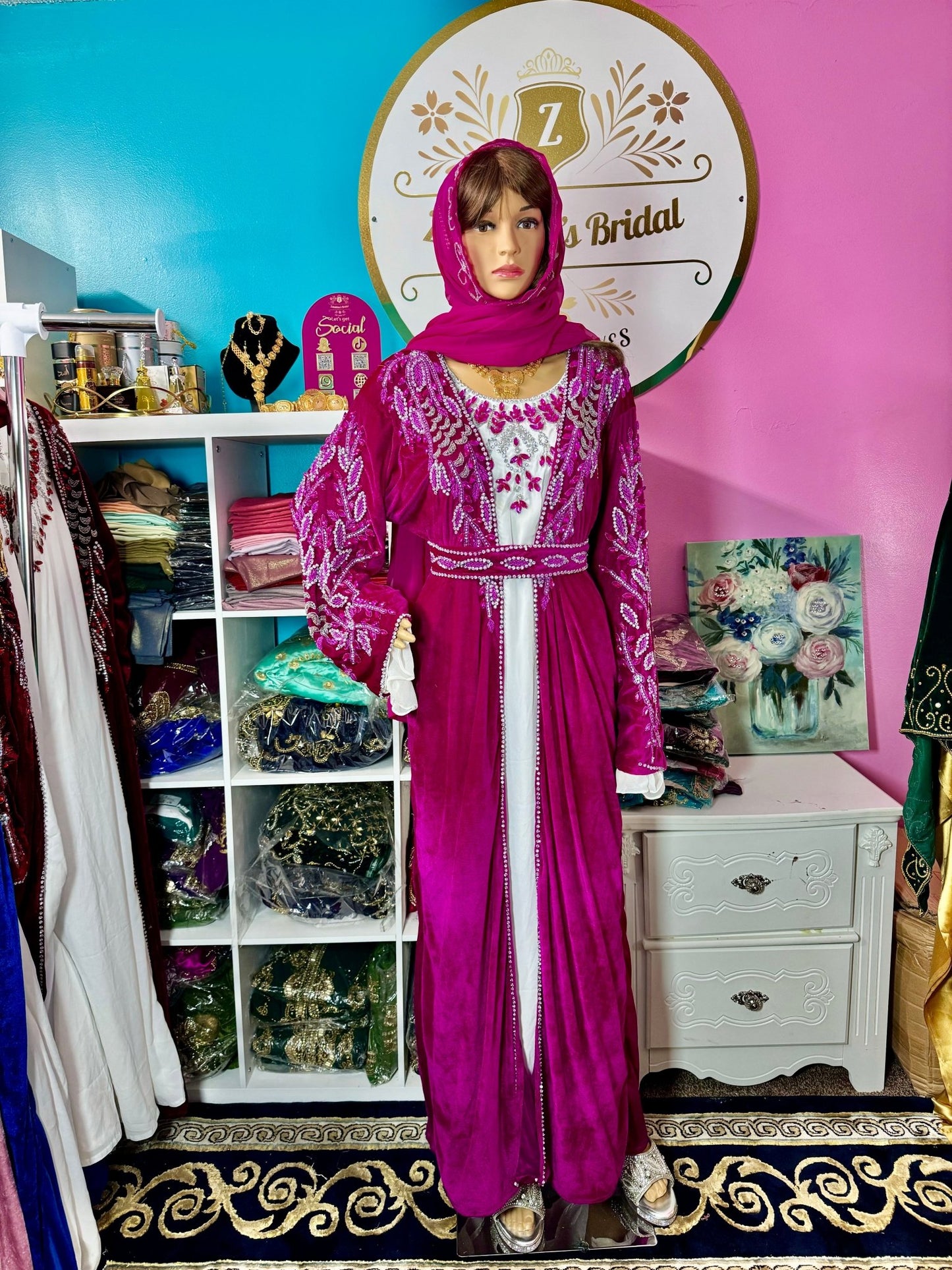 Isra Luxury Crystal Velvet Abaya - Dark Magenta - Zulaikha’s Bridal