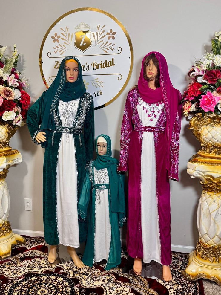 Isra Luxury Crystal Velvet Abaya - Dark Magenta - Zulaikha’s Bridal
