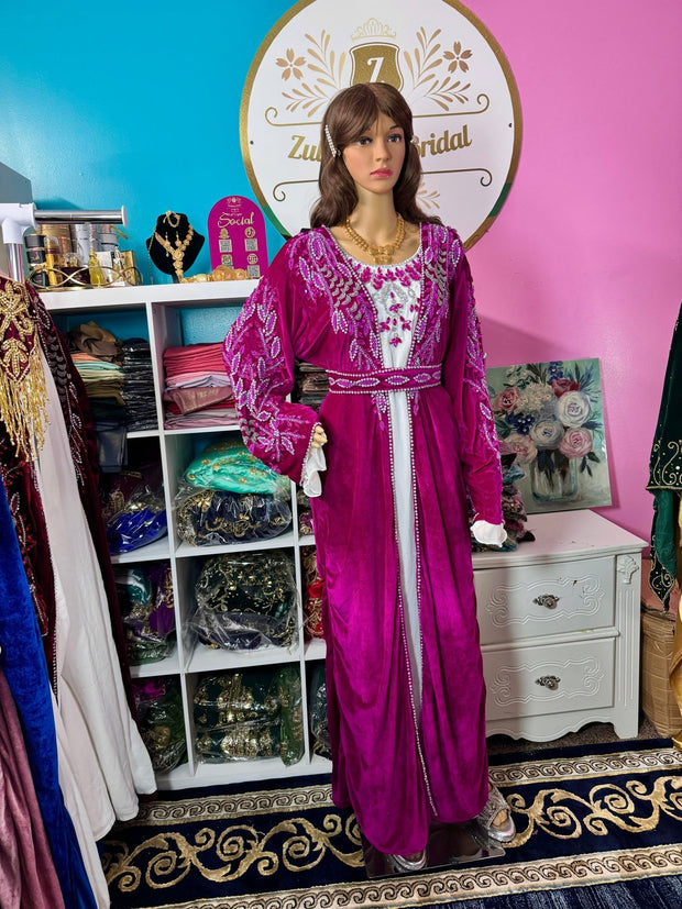 Isra Luxury Crystal Velvet Abaya - Dark Magenta - Zulaikha’s Bridal