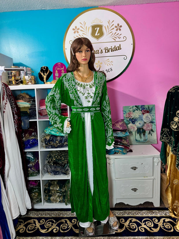 Isra Luxury Crystal Velvet Abaya - Forest Green - Zulaikha’s Bridal