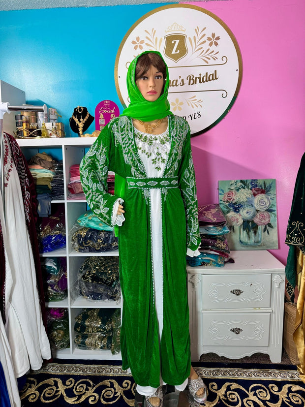 Isra Luxury Crystal Velvet Abaya - Forest Green - Zulaikha’s Bridal