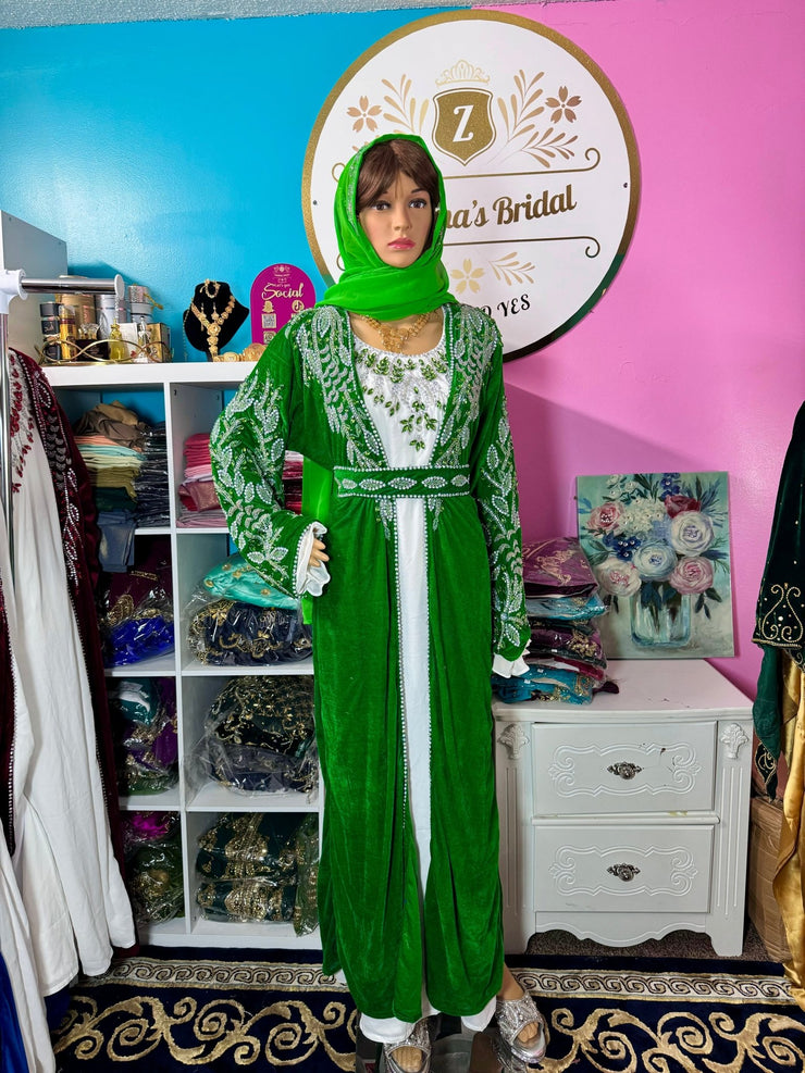 Isra Luxury Crystal Velvet Abaya - Forest Green - Zulaikha’s Bridal