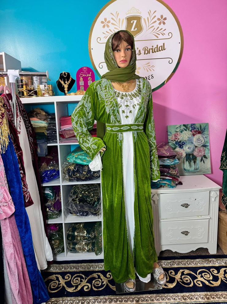 Isra Luxury Crystal Velvet Abaya - Olive Green - Zulaikha’s Bridal
