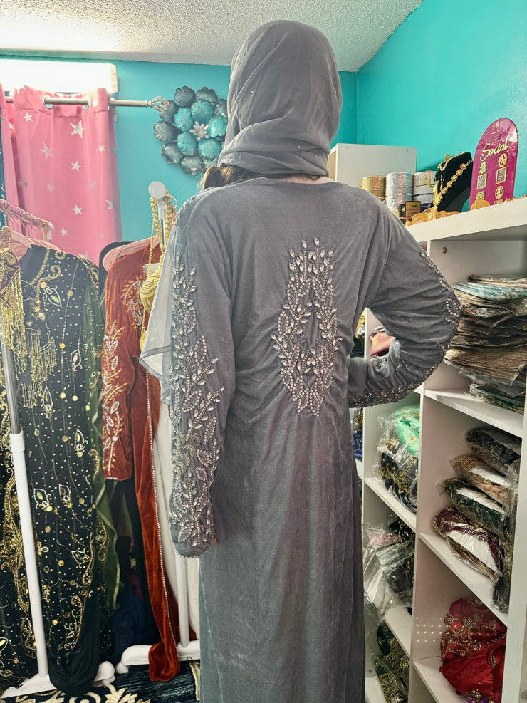 Isra Luxury Crystal Velvet Abaya - Silver Grey - Zulaikha’s Bridal