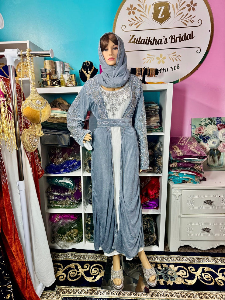 Isra Luxury Crystal Velvet Abaya - Silver Grey - Zulaikha’s Bridal