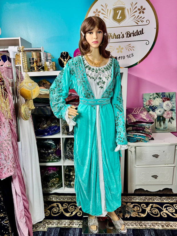 Isra Luxury Crystal Velvet Abaya - Turquoise - Zulaikha’s Bridal