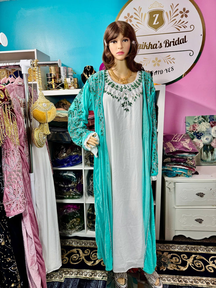 Isra Luxury Crystal Velvet Abaya - Turquoise - Zulaikha’s Bridal