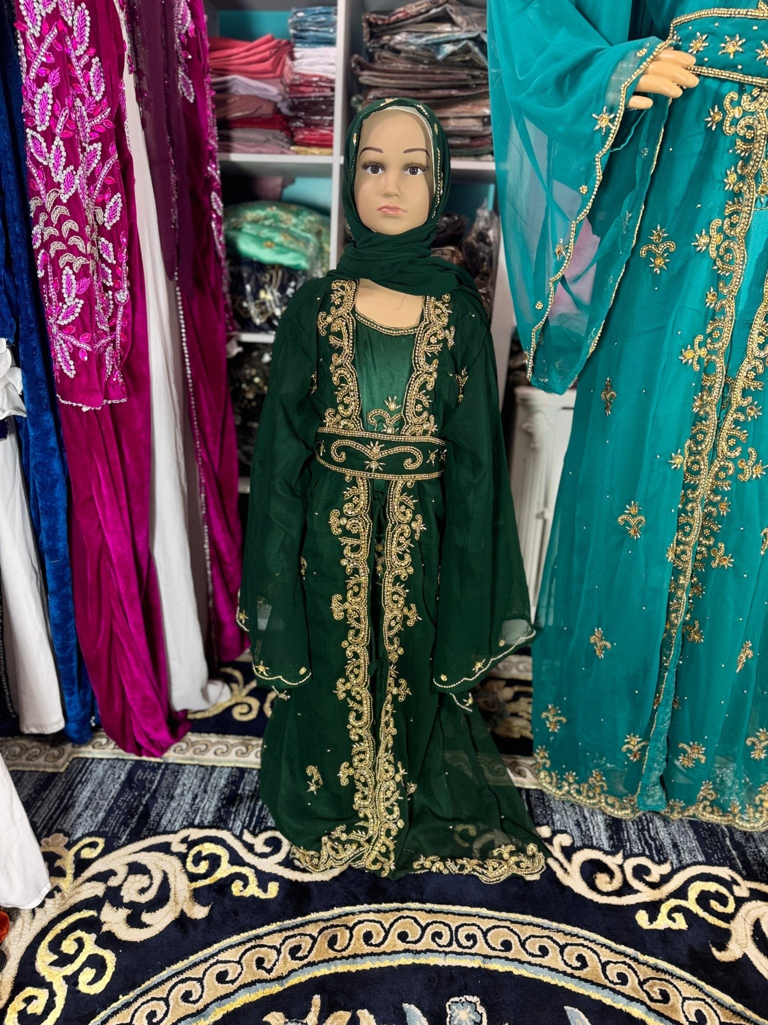 Little Girls Dubai Kaftan Dress - Emerald Green - Zulaikha’s Bridal