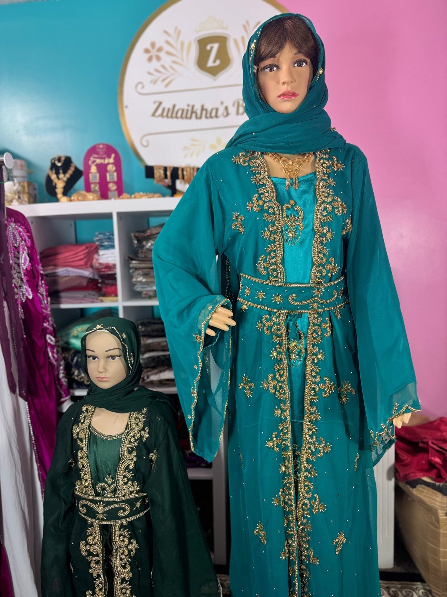 Little Girls Dubai Kaftan Dress - Emerald Green - Zulaikha’s Bridal
