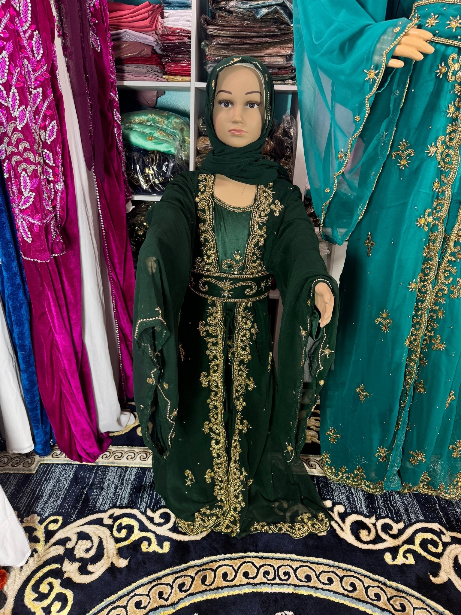 Little Girls Dubai Kaftan Dress - Emerald Green - Zulaikha’s Bridal