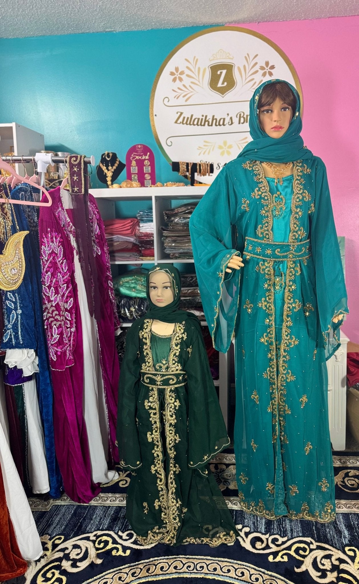 Little Girls Dubai Kaftan Dress - Teal - Zulaikha’s Bridal