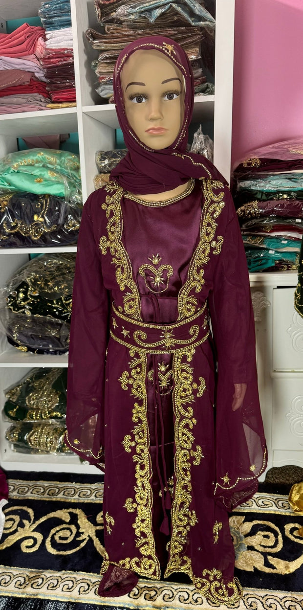 Little Girls Dubai Kaftan Dress - Wine - Zulaikha’s Bridal