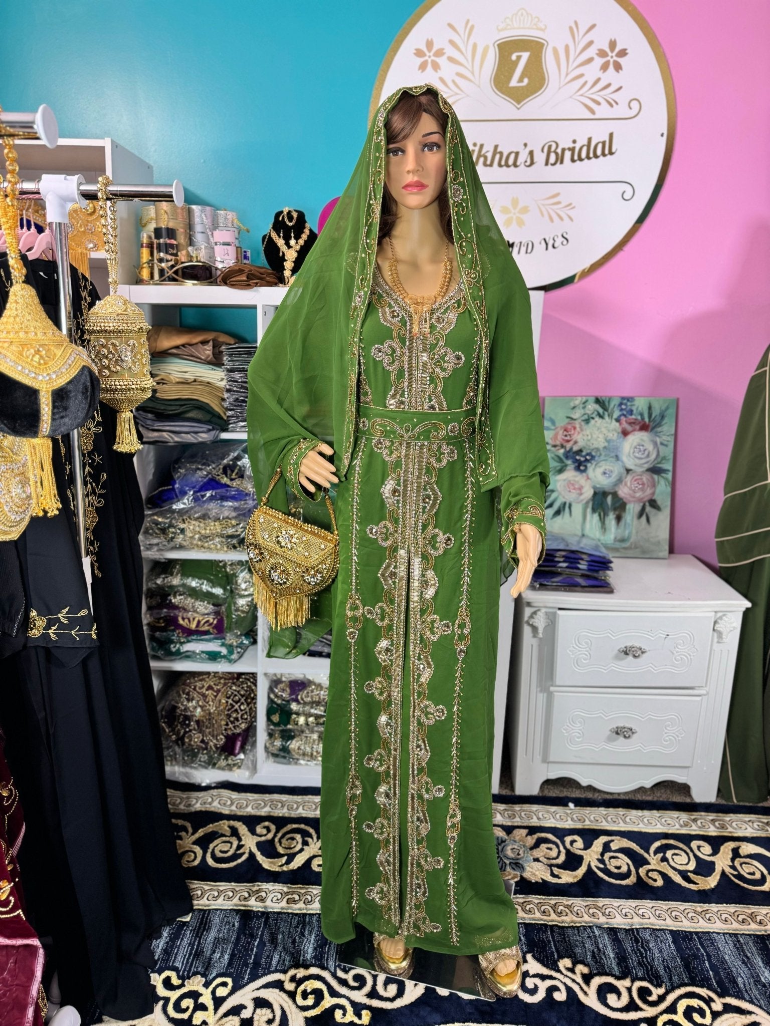Muslim Eid, Party Nikah Kaftan - Olive Green - Zulaikha’s Bridal