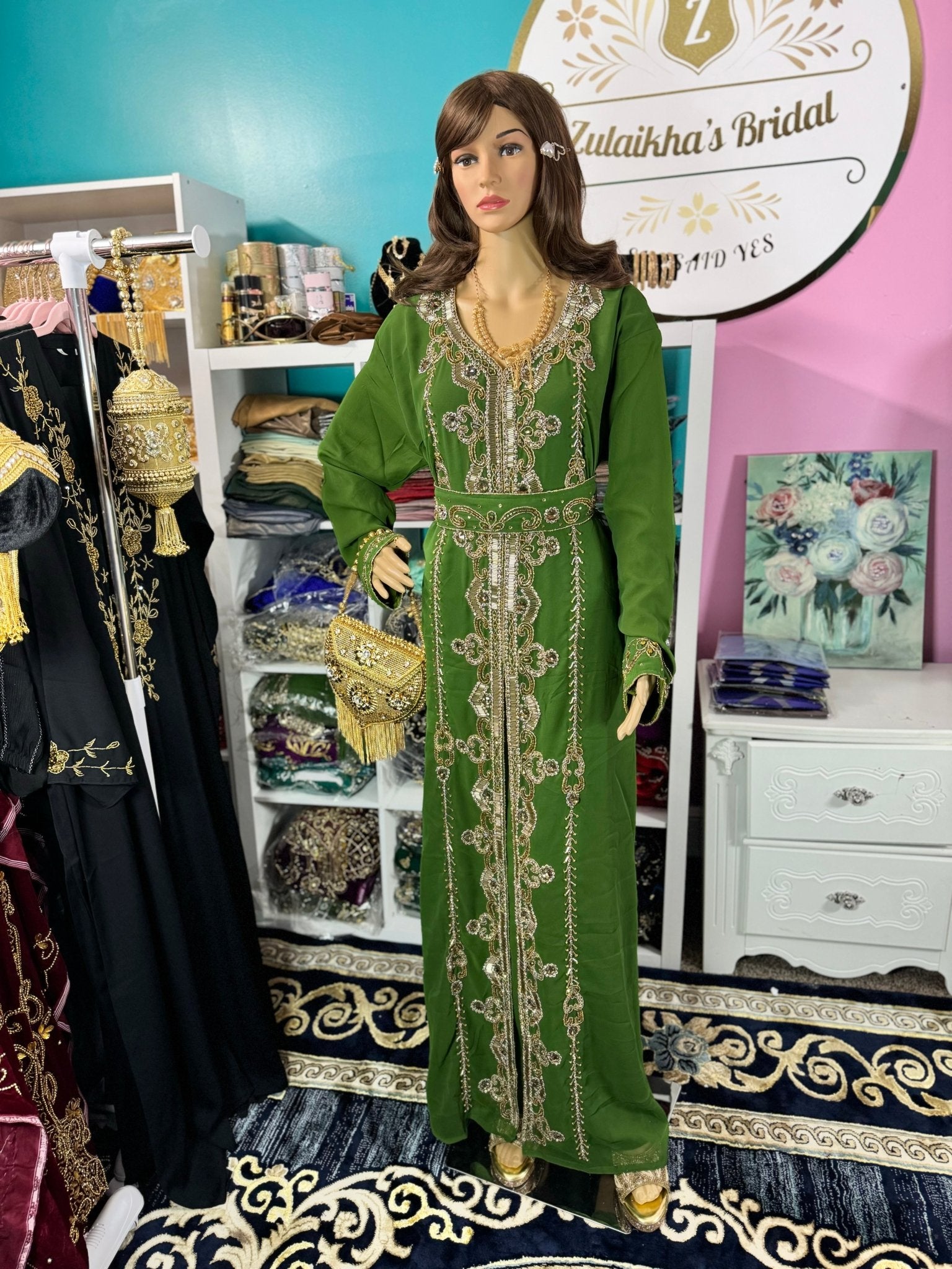 Muslim Eid, Party Nikah Kaftan - Olive Green - Zulaikha’s Bridal