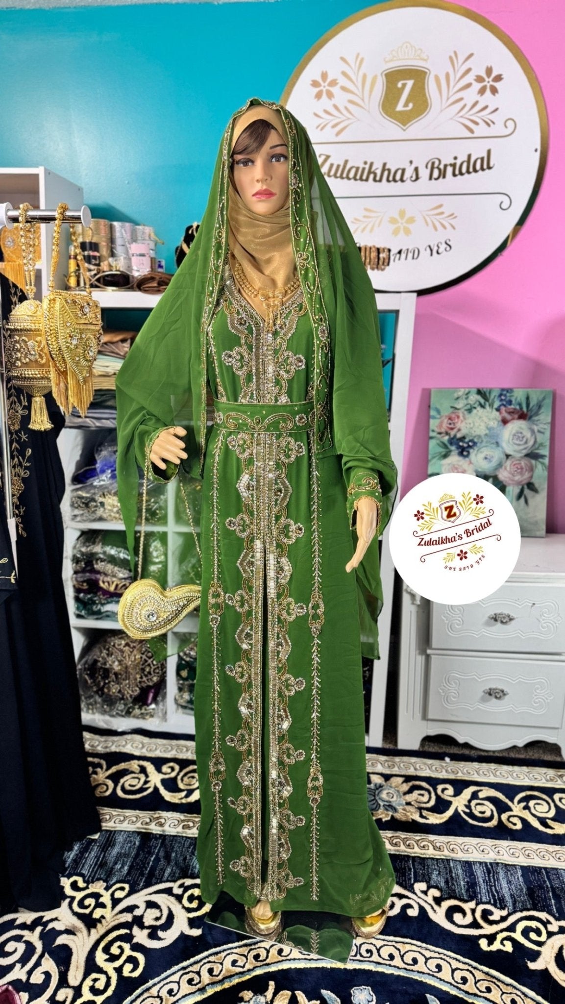 Muslim Eid, Party Nikah Kaftan - Olive Green - Zulaikha’s Bridal