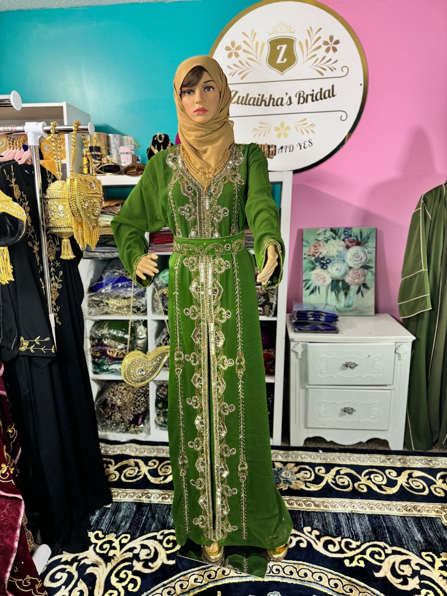 Muslim Eid, Party Nikah Kaftan - Olive Green - Zulaikha’s Bridal