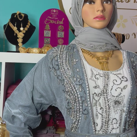 Sara Luxury Crystal Velvet Abaya-Grey Silver.