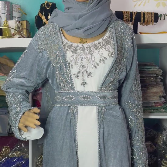 Isra Luxury Crystal Velvet Abaya
-Silver Grey.
