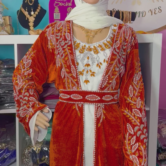 Isra Luxury Crystal Velvet Abaya-Burnt Orange.