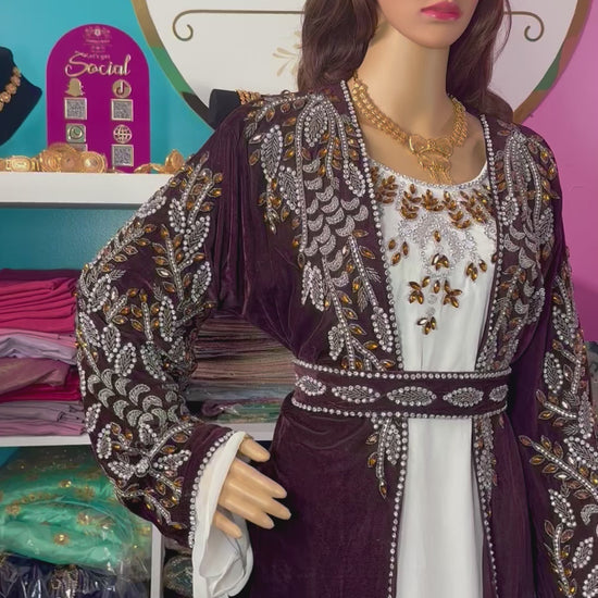 Isra Luxury Crystal Velvet Abaya-Chocolate Brown.