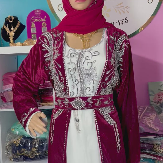 Sara Luxury Crystal Velvet Abaya-Burgundy.