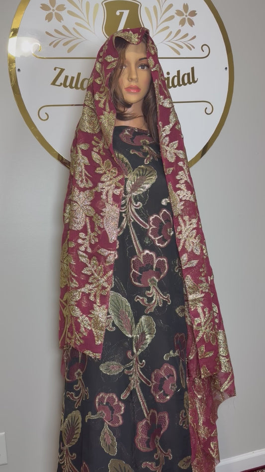 High Premium Metallic Silk French Fransawi Dirac Set-Maroon-Black