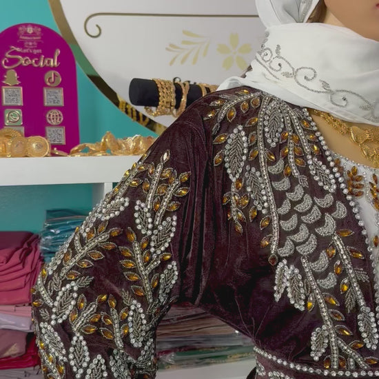 Isra Luxury Crystal Velvet Abaya-Chocolate Brown.