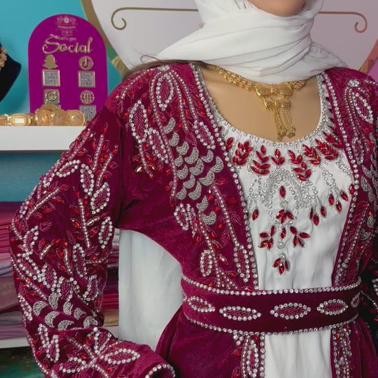 Isra Luxury Crystal Velvet Abaya-Burgundy.
