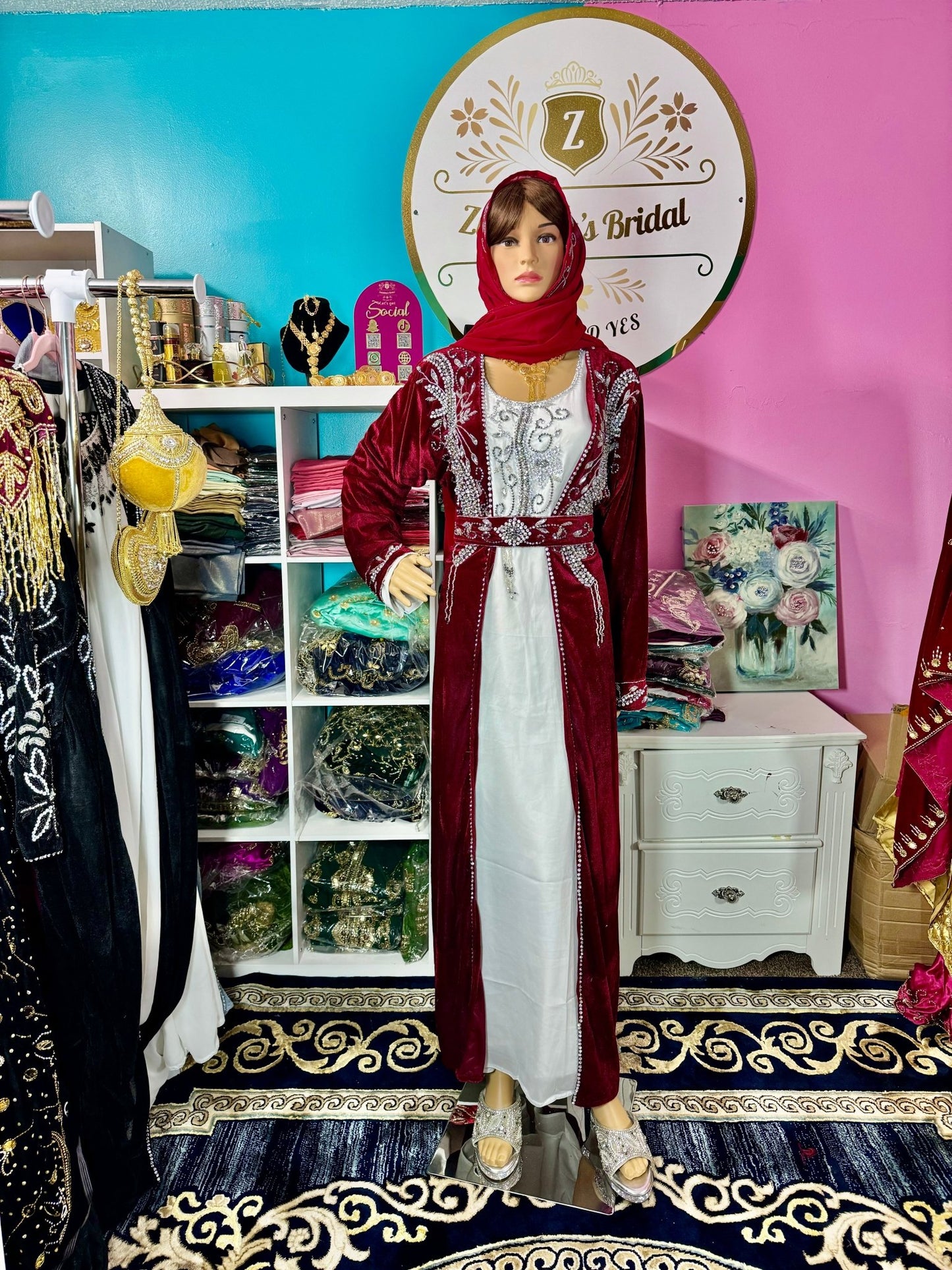 Sara Luxury Crystal Velvet Abaya - Burgundy - Zulaikha’s Bridal