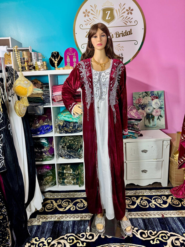 Sara Luxury Crystal Velvet Abaya - Burgundy - Zulaikha’s Bridal