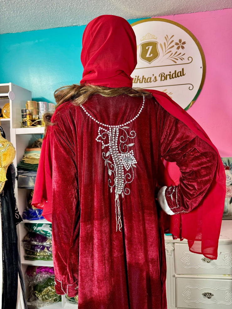 Sara Luxury Crystal Velvet Abaya - Burgundy - Zulaikha’s Bridal