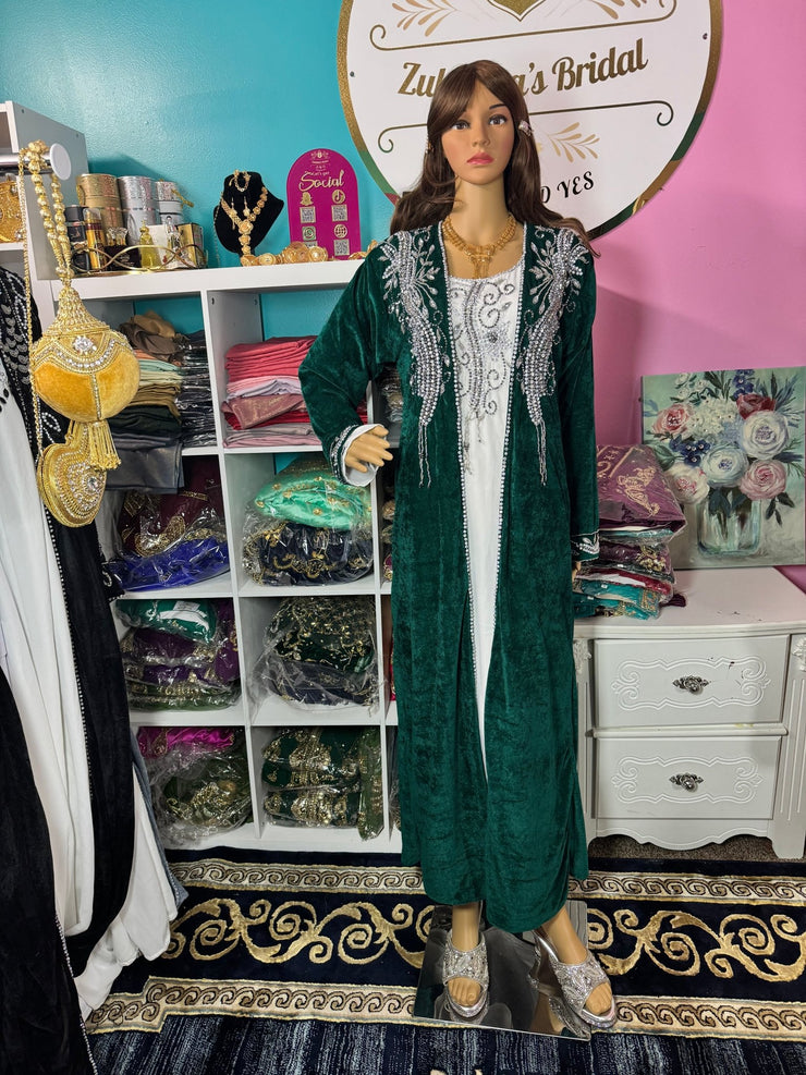 Sara Luxury Crystal Velvet Abaya - Dark Green - Zulaikha’s Bridal