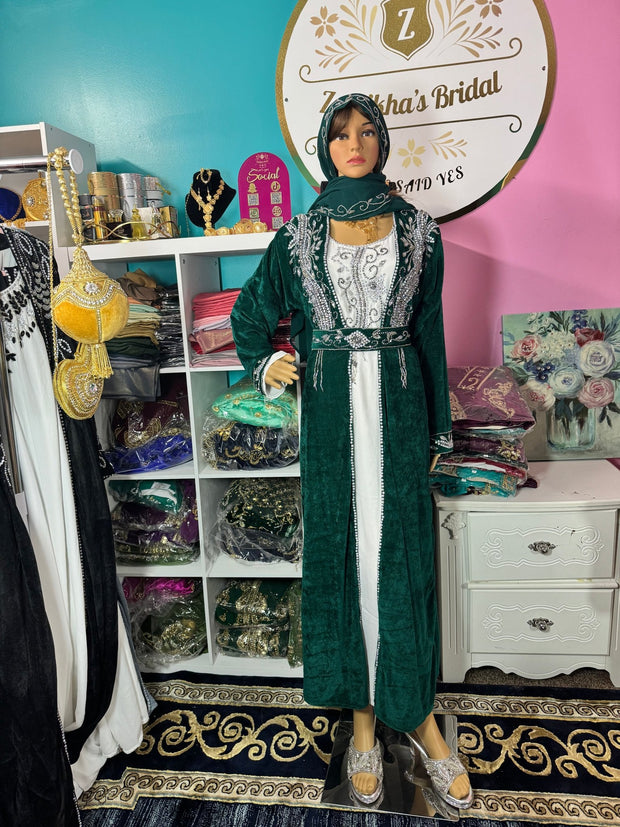 Sara Luxury Crystal Velvet Abaya - Dark Green - Zulaikha’s Bridal