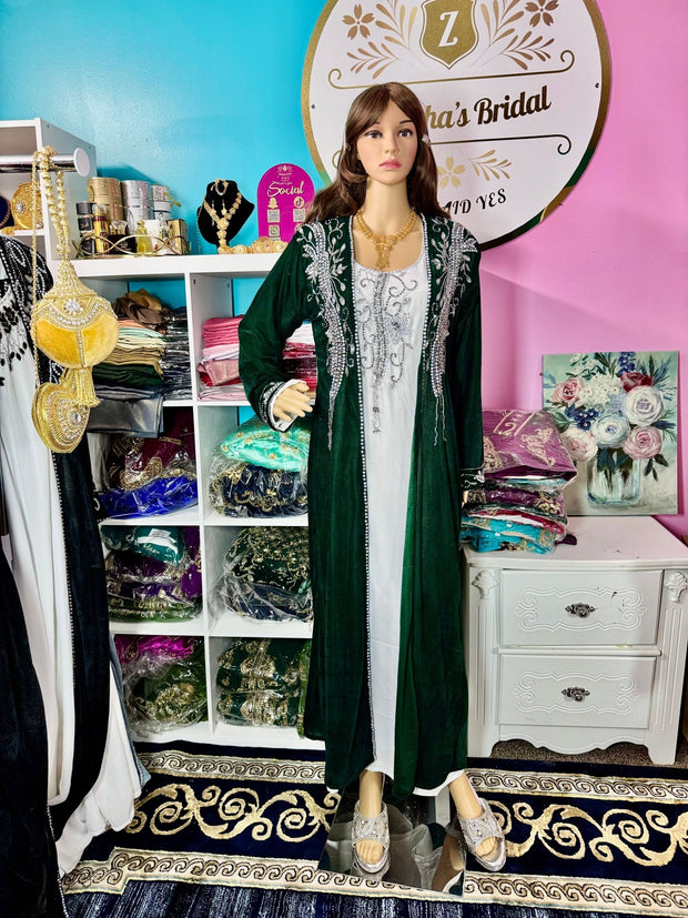 Sara Luxury Crystal Velvet Abaya - Emerald Green - Zulaikha’s Bridal