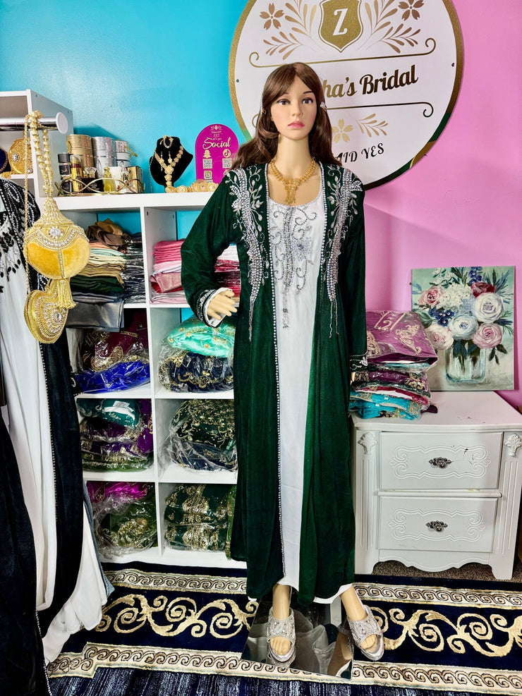 Sara Luxury Crystal Velvet Abaya - Emerald Green - Zulaikha’s Bridal